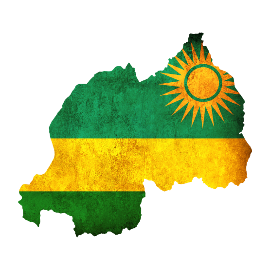 cutout shape of the Rwanda country, inside of the country is the county's flag