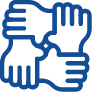 four hands, each holding the wrist of the hand in front them creating a connected square